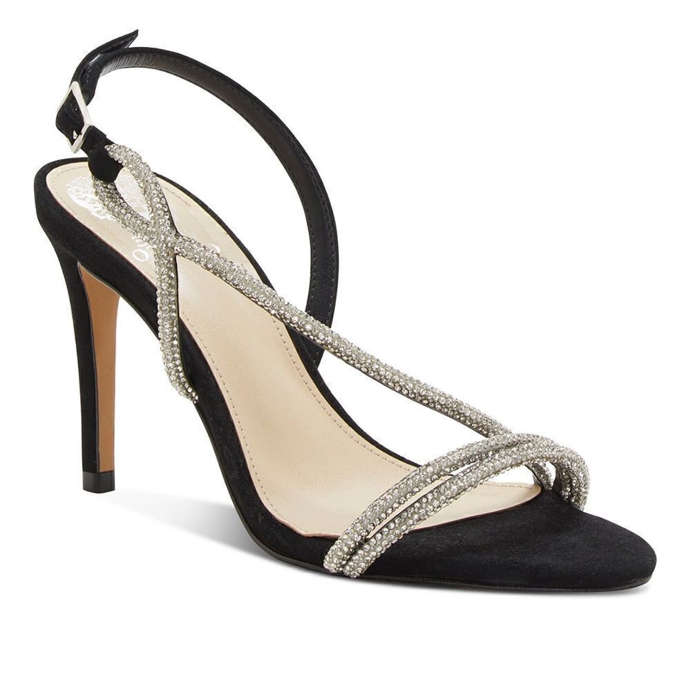 Vince Camuto Womens Luanna Black Suede Rhinesone Sandals Heels Shoes 9.5 NWOT